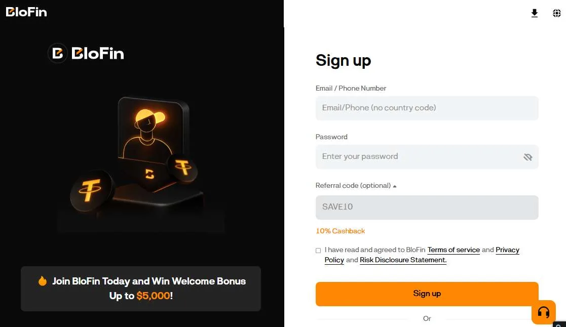 Schermafbeelding van het BloFin referralprogramma