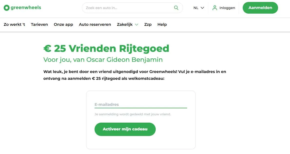 Schermafbeelding van het Greenwheels referralprogramma